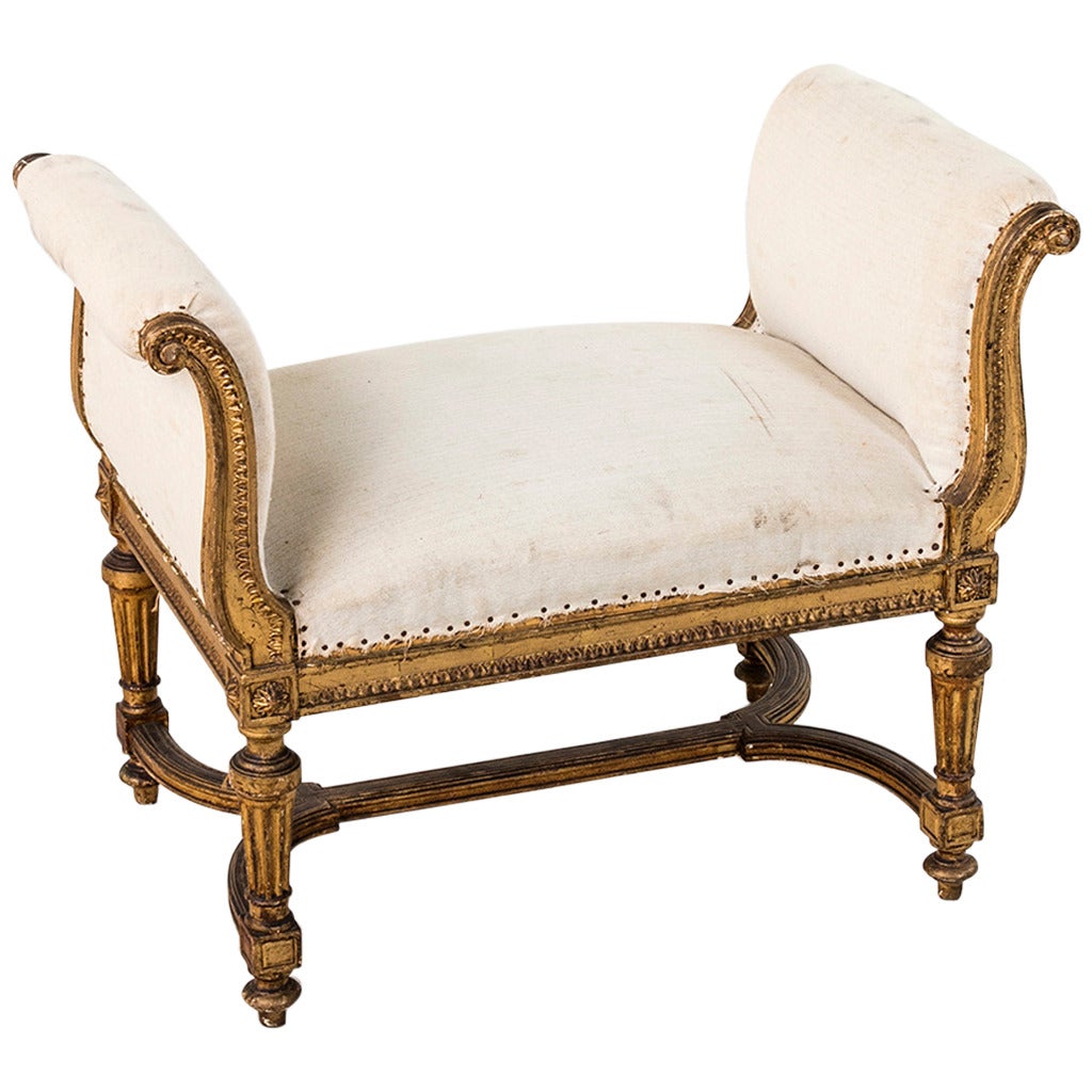Louis XVI Style Giltwood Bench or Banquette with Linen Upholstery, circa 1860