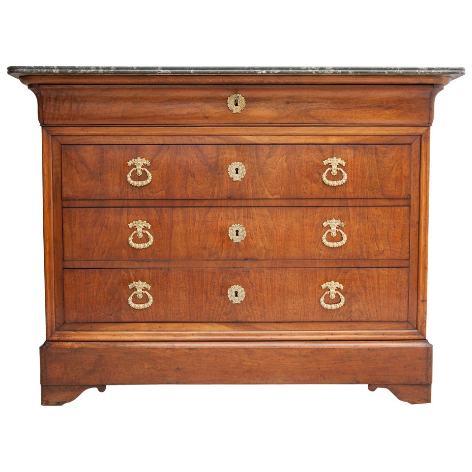 Bookmatched Walnut Louis Philippe Commode or Chest of Drawers with Marble Top