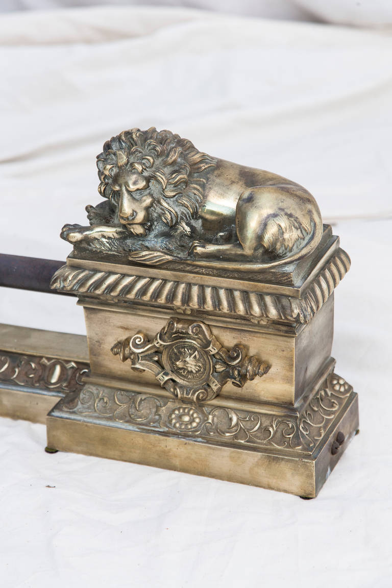French 19th Century Bronze Fireplace Fender with Recumbent Lions