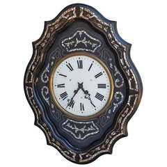 Antique Napoleon III Black Lacquer and Mother of Pearl Wall Clock