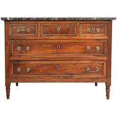 Louis XVI Period Walnut Commode or Chest of Drawers with Marble Top