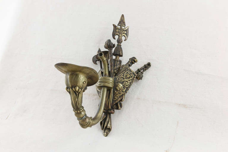 Pair of 19th Century Bronze Sconces with Medieval Weaponry Motif 3