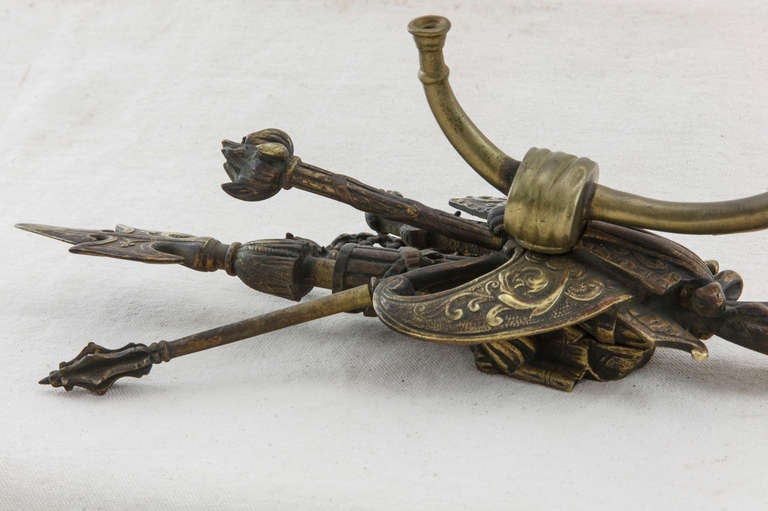 French Pair of 19th Century Bronze Sconces with Medieval Weaponry Motif