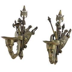 Pair of 19th Century Bronze Sconces with Medieval Weaponry Motif