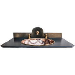 Retro French Louis XVI Style Copper and Brass Sink with Marble Counter