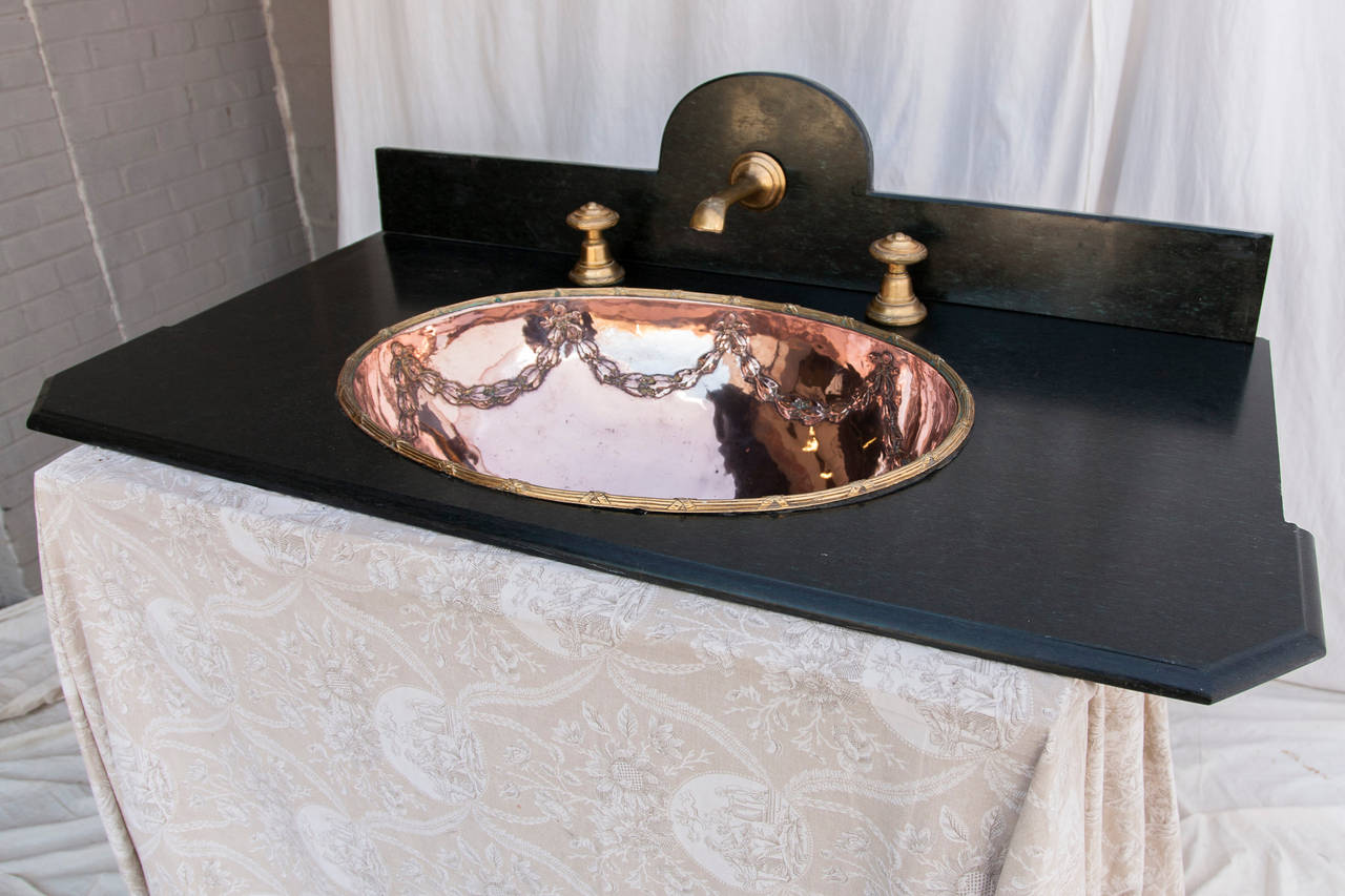Antique French Louis XVI Style Copper and Brass Sink with Marble Counter 3