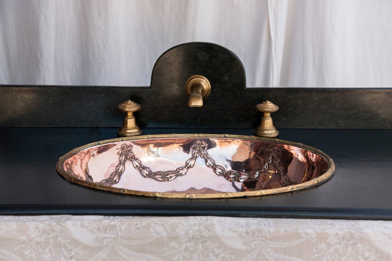 Antique French Louis XVI Style Copper and Brass Sink with Marble Counter 4