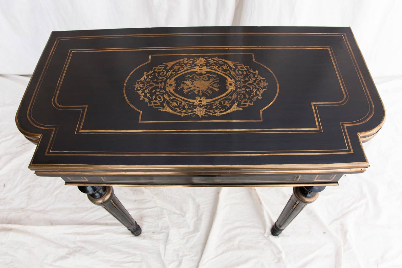 French Napoleon III Ebonized Console Game Table with Bronze Inlay