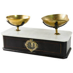 Antique Set of Napoleon III Black Lacquer and Marble Scales with Brass Pans