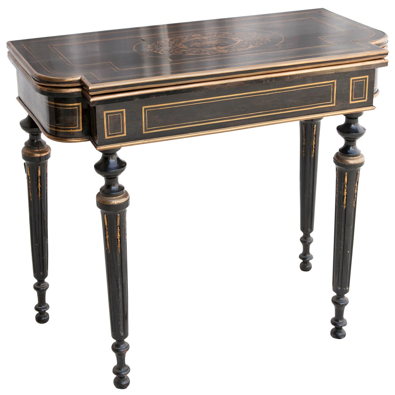 Napoleon III Ebonized Console Game Table with Bronze Inlay