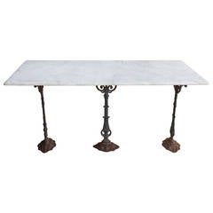 Antique Carrara Marble-Top Paris Bistro Table or Console with Three Cast Iron Legs