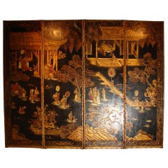 19thc. English Leather Folding Screen with Chinoiserie Decoration