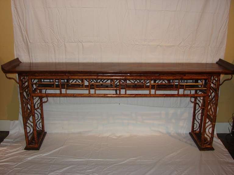 19th c. Chinese Yew and Bamboo Console Table 2