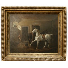 Antique Painting of Horses in a Stable