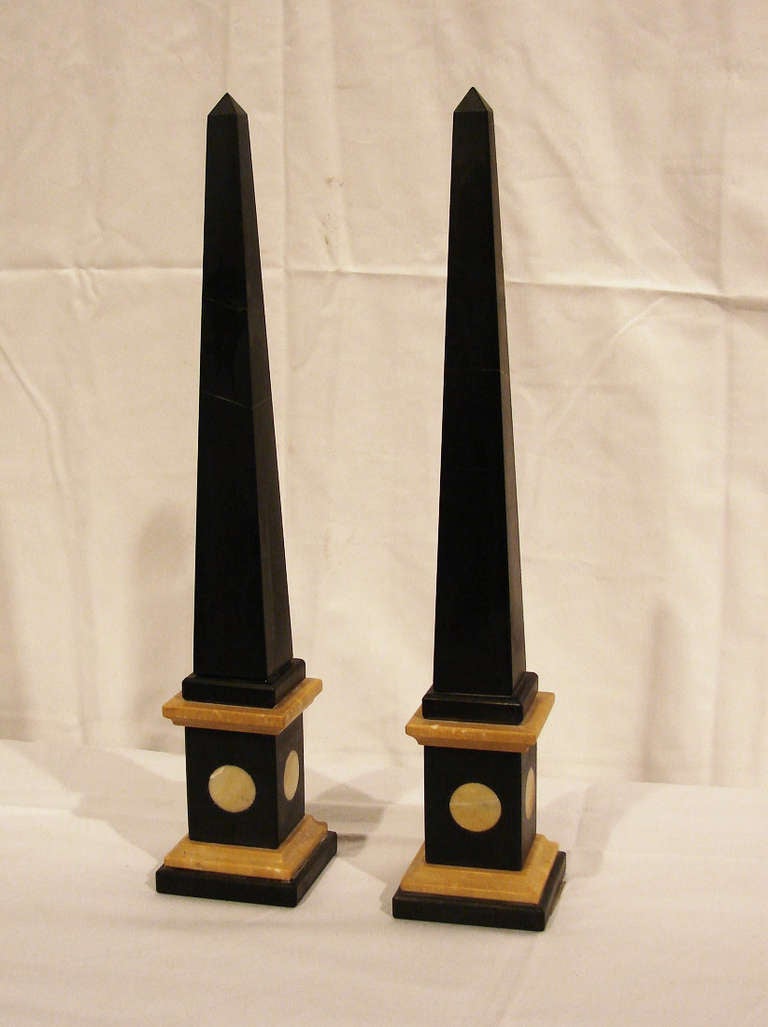 Pair of Italian Inlaid Marble Obelisks
