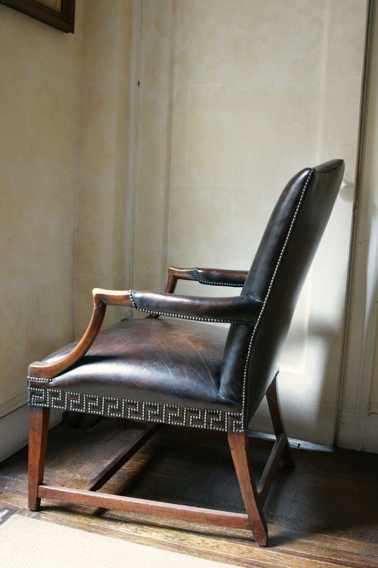 Georgian English Mahogany and Dark Brown Leather Gainsborough Chair For Sale