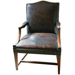 Antique English Mahogany and Dark Brown Leather Gainsborough Chair
