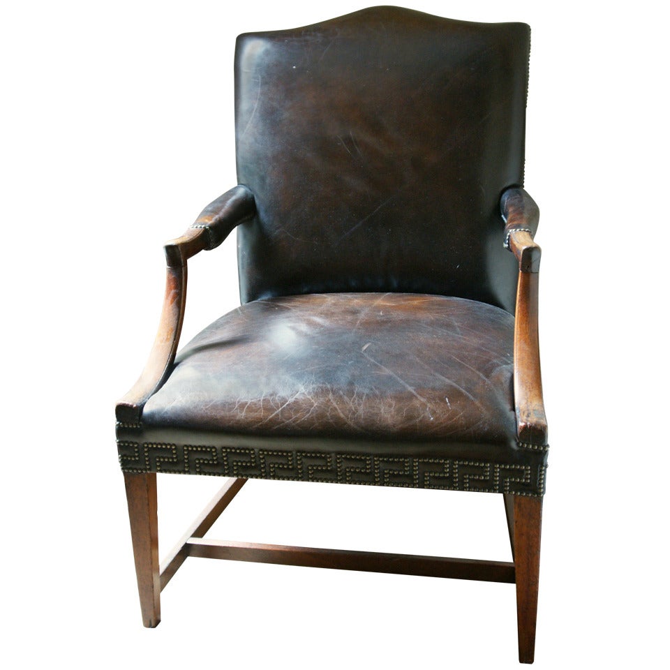 English Mahogany and Dark Brown Leather Gainsborough Chair For Sale