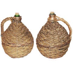 Antique Near Pair of French, Rope Covered Green Glass Wine Bottles
