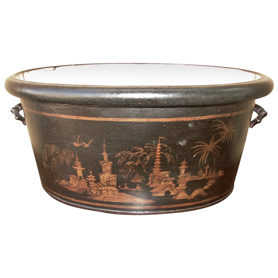 19th Century English Black and Gilt Tole Chinoiserie Footbath For Sale