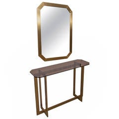 French 1970s Octogonal Brass Mirror and Console by Guy Lefevre