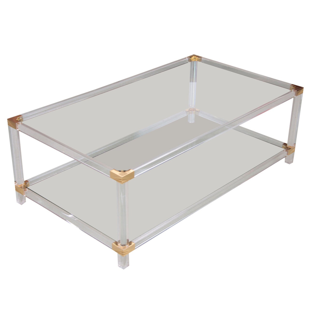 Two-Tier Lucite and Brass Coffee Table in the Style of Charles Hollis Jones