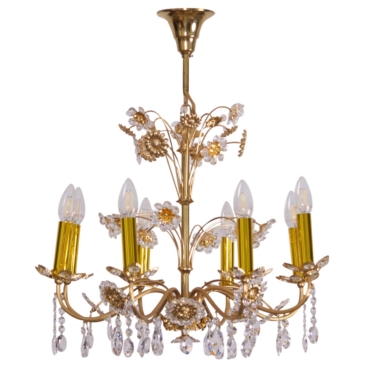 Huge Palwa Gilded Brass and Glass Flower Chandelier