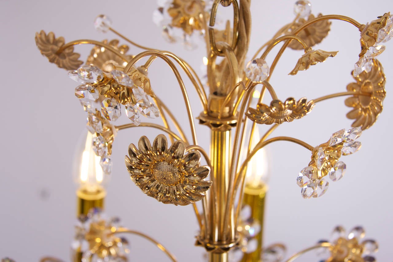 Hollywood Regency Huge Palwa Gilded Brass and Glass Flower Chandelier For Sale