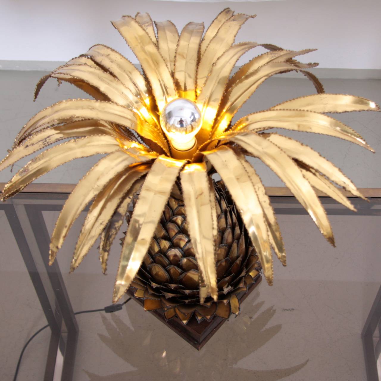 Hollywood Regency Huge Maison Jansen Brass Pineapple Table Lamp in Palm Tree Style
