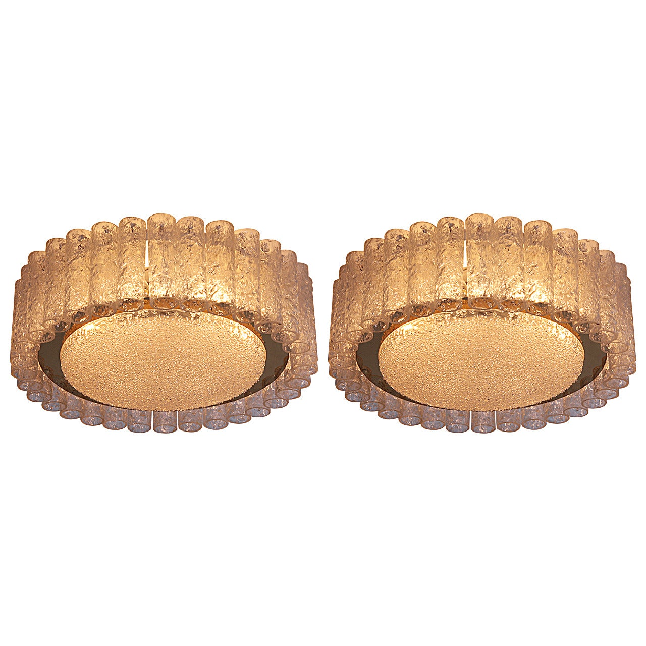 Pair of Large Doria Glass Flush Mounts or Sconces with Brass Surround