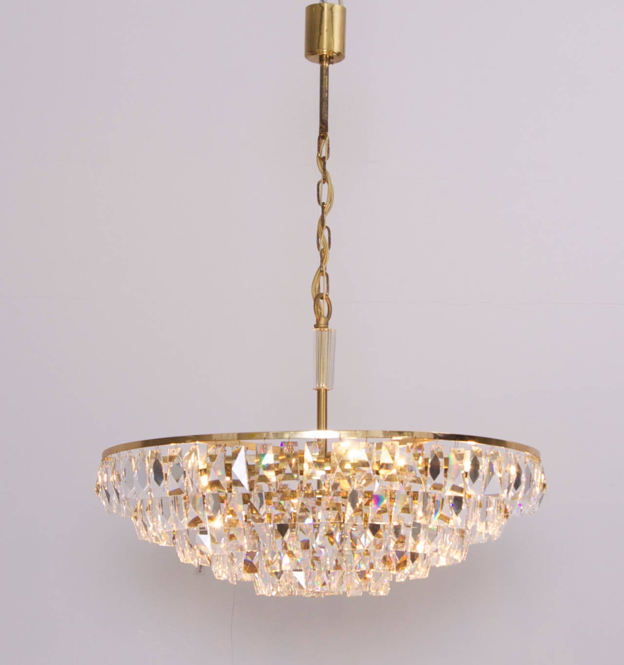 Mid-Century Modern Extraordinary Huge Palwa Gilded Brass and Crystal Glass Chandelier For Sale