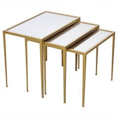 Set of Three Münchner Werkstätten Brass and Mirror Glass Nesting Tables