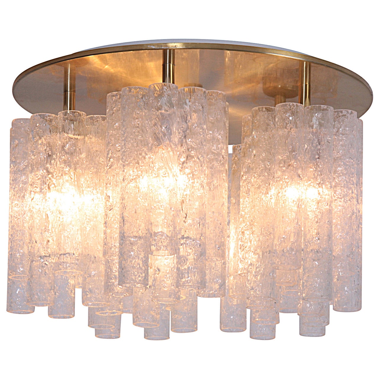 1 of 5 Huge Doria Flush Mount Chandelier with Glass Tubes and Brass Plate For Sale