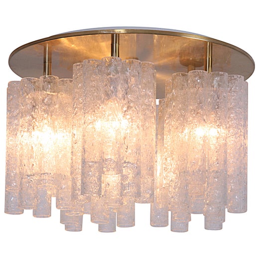 1 of 5 Huge Doria Flush Mount Chandelier with Glass Tubes and Brass Plate  For Sale at 1stDibs