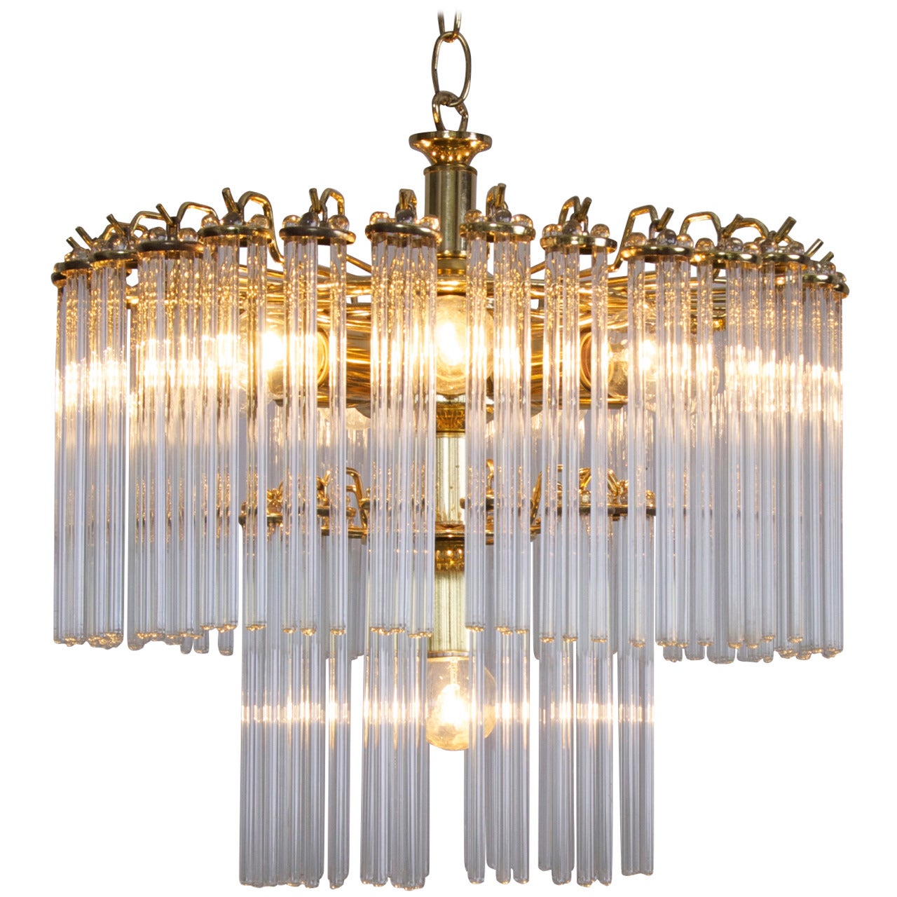 Two-Tier Glass and Brass Chandelier in the Manner of Venini