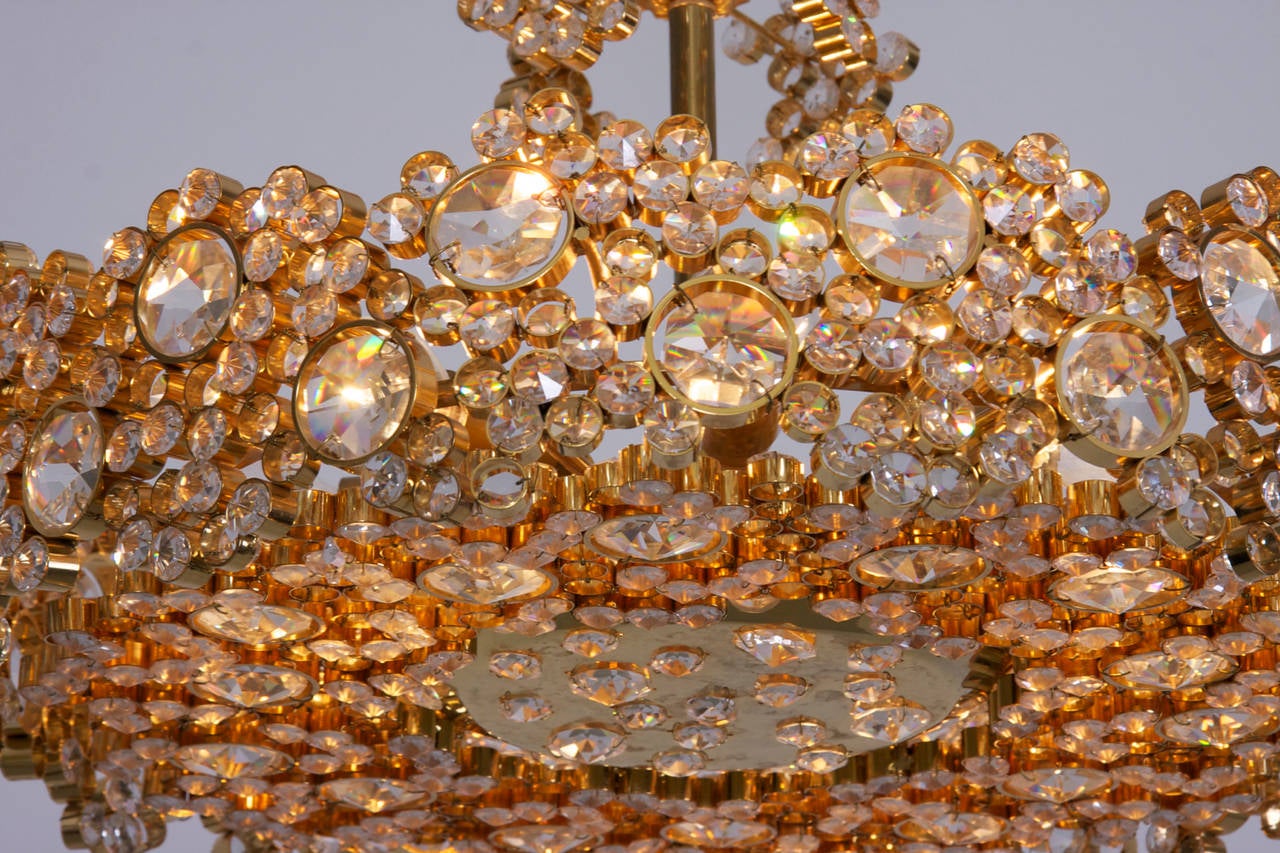 Gold Plate One of Two Palwa Gilded Brass and Crystal Glass Encrusted Chandeliers For Sale