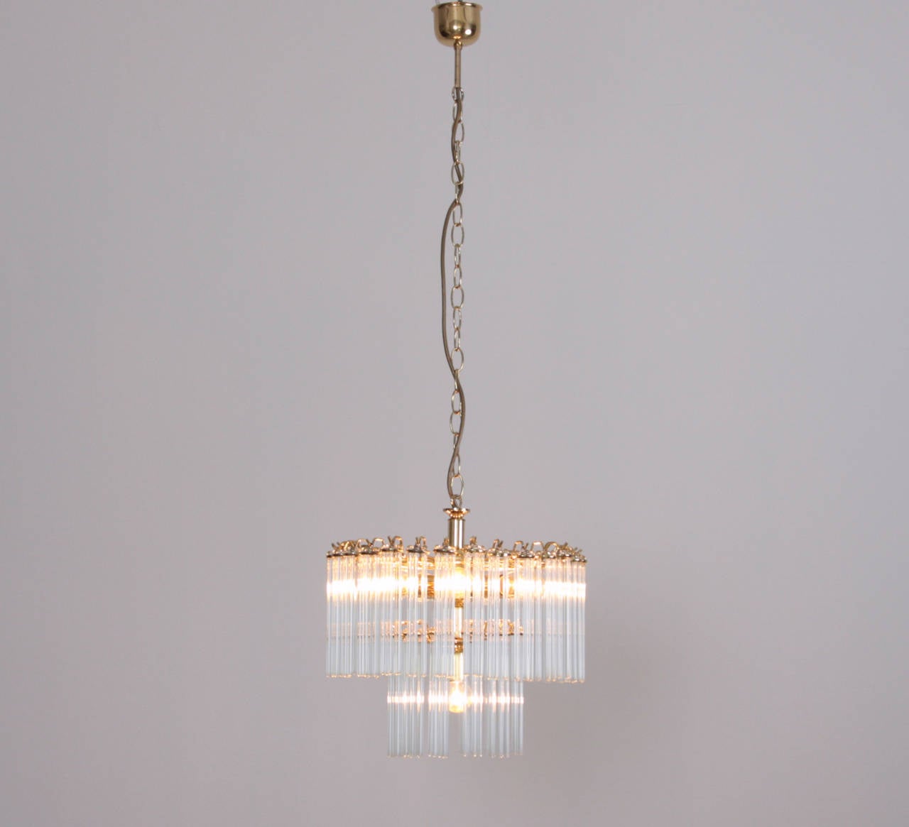 Mid-Century Modern Two-Tier Glass and Brass Chandelier in the Manner of Venini For Sale