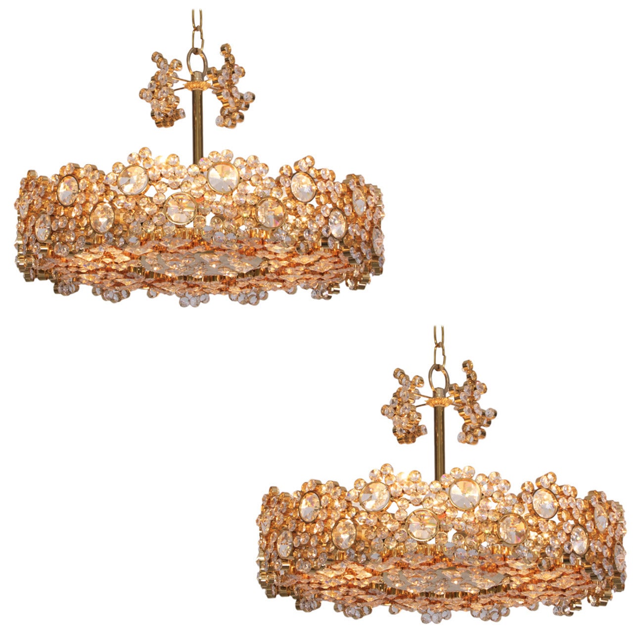 One of Two Palwa Gilded Brass and Crystal Glass Encrusted Chandeliers