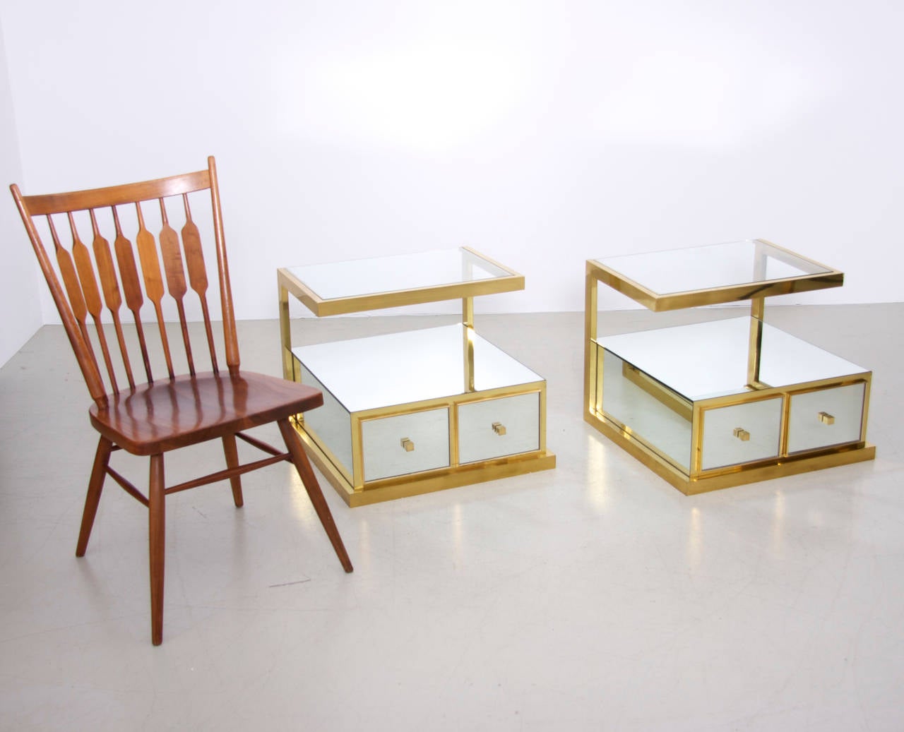 Mid-20th Century Rare Pair of Brass Mirror Side Nightstands by Michel Pigneres