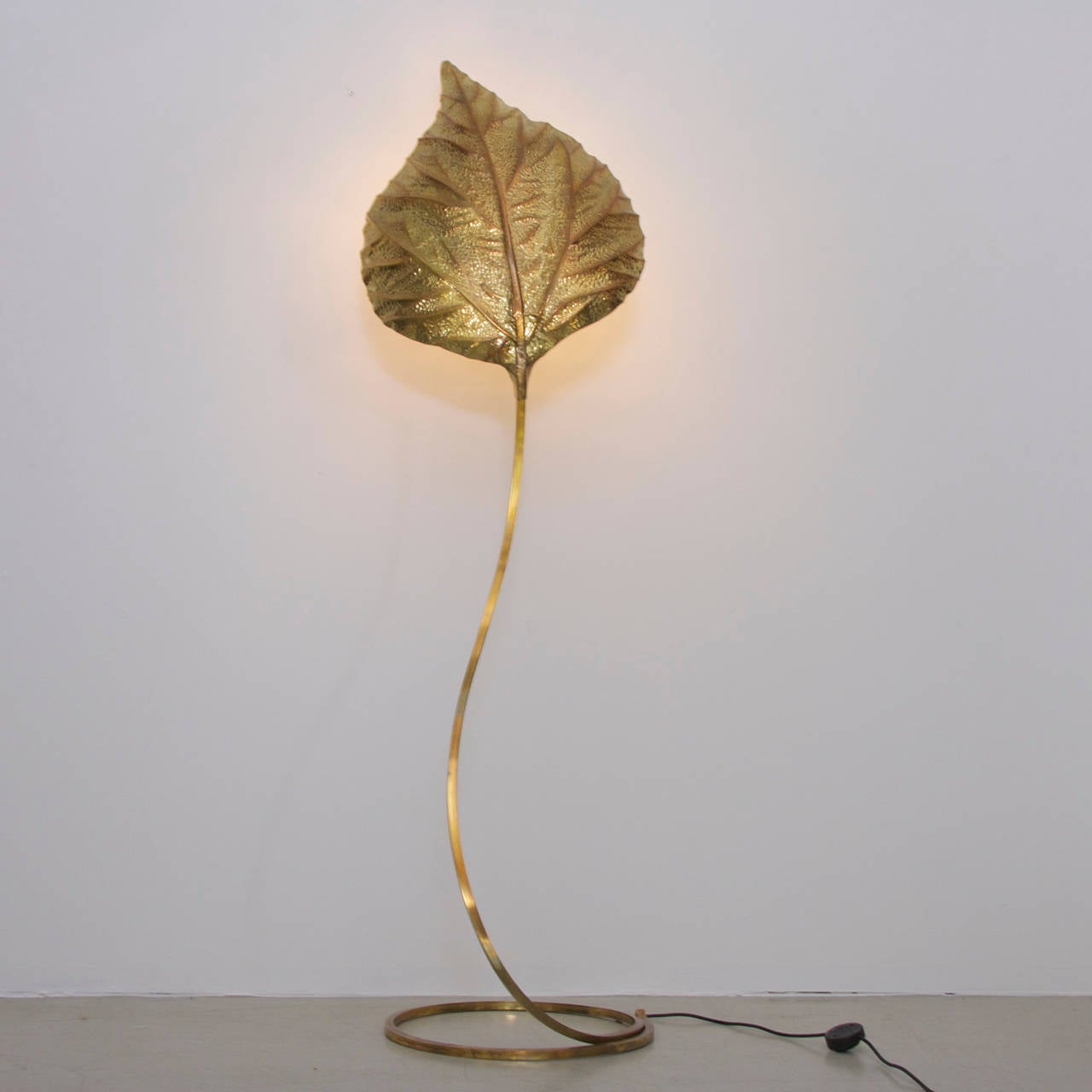 Very elegant and huge rhubarb leaf floor lamp by the italian designer Tommaso Barbi. The lamp is made of brass and the reflexion  of the light on the brass brings a cozy atmosphere in every room. The lamp is a icon of the 70s design and is in very