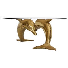 Massive Brass Coffee Table in Form of Two Dolphins