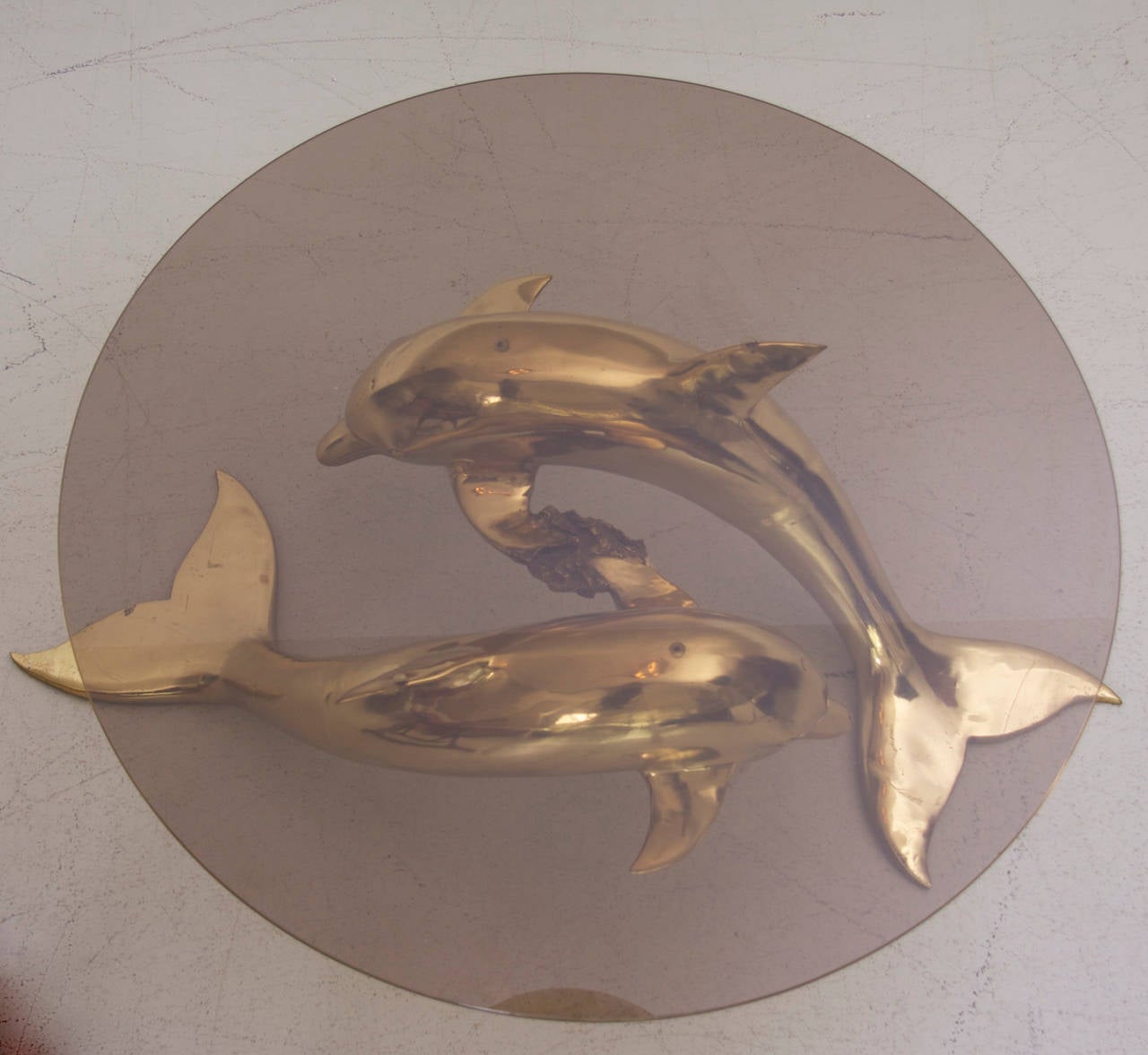 French Massive Brass Coffee Table in Form of Two Dolphins