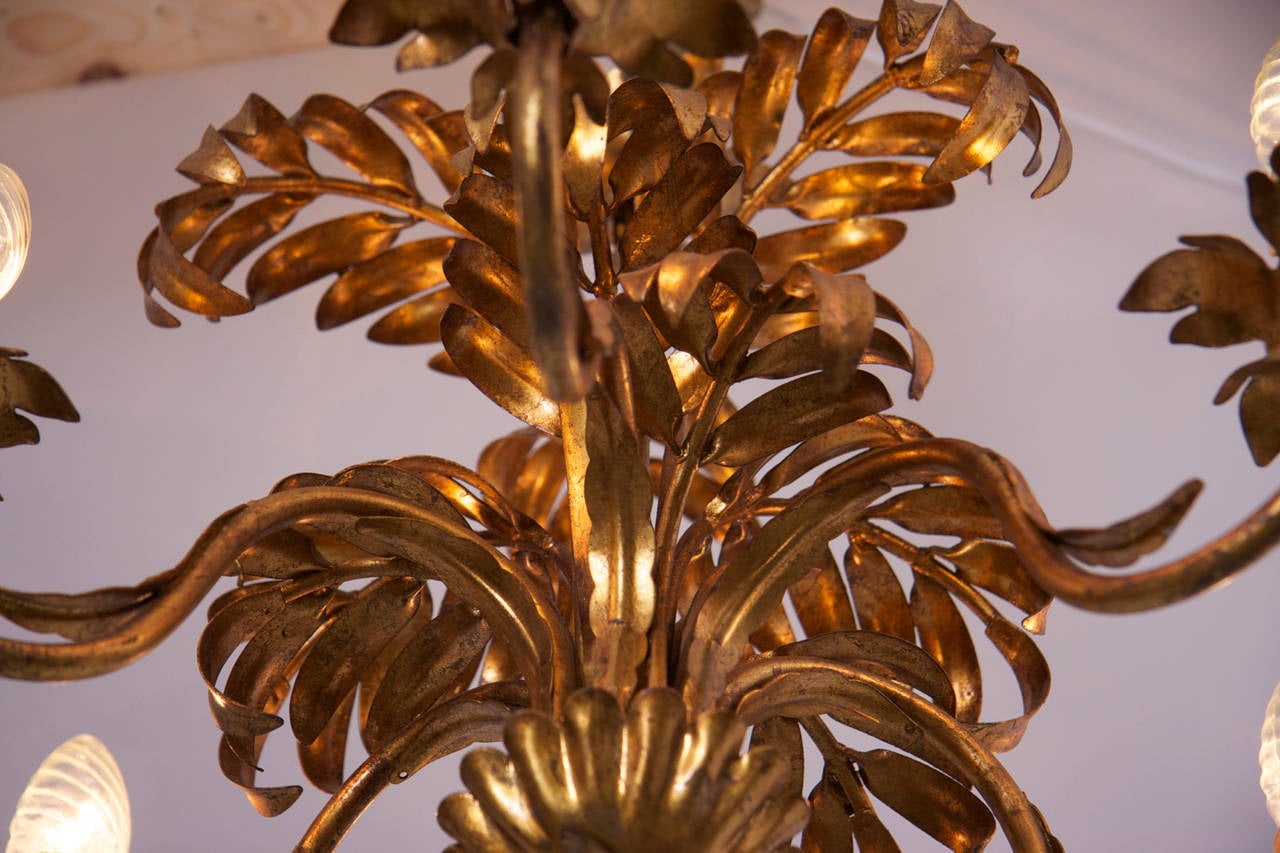 Hollywood Regency Gilt Metal Palm Tree Leaf Chandelier Attributed to Hans Kögl