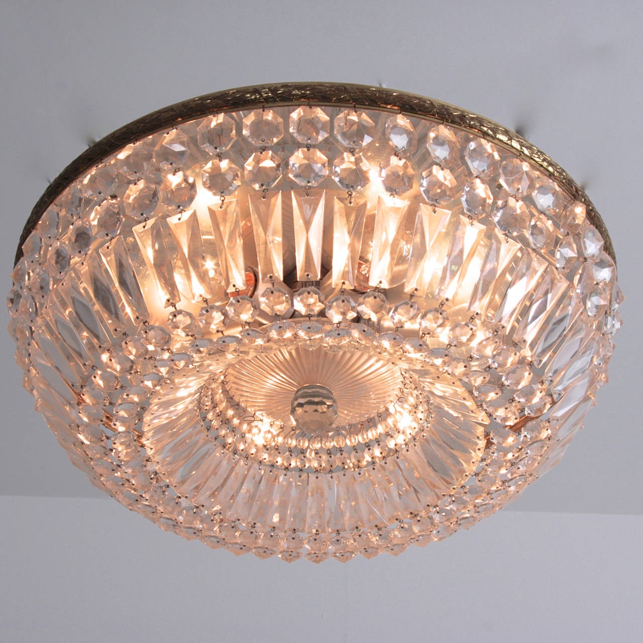 Mid-20th Century Very Large Crystal Glass and Brass Ceiling Mount Fixture or Flush Lamp by Palwa