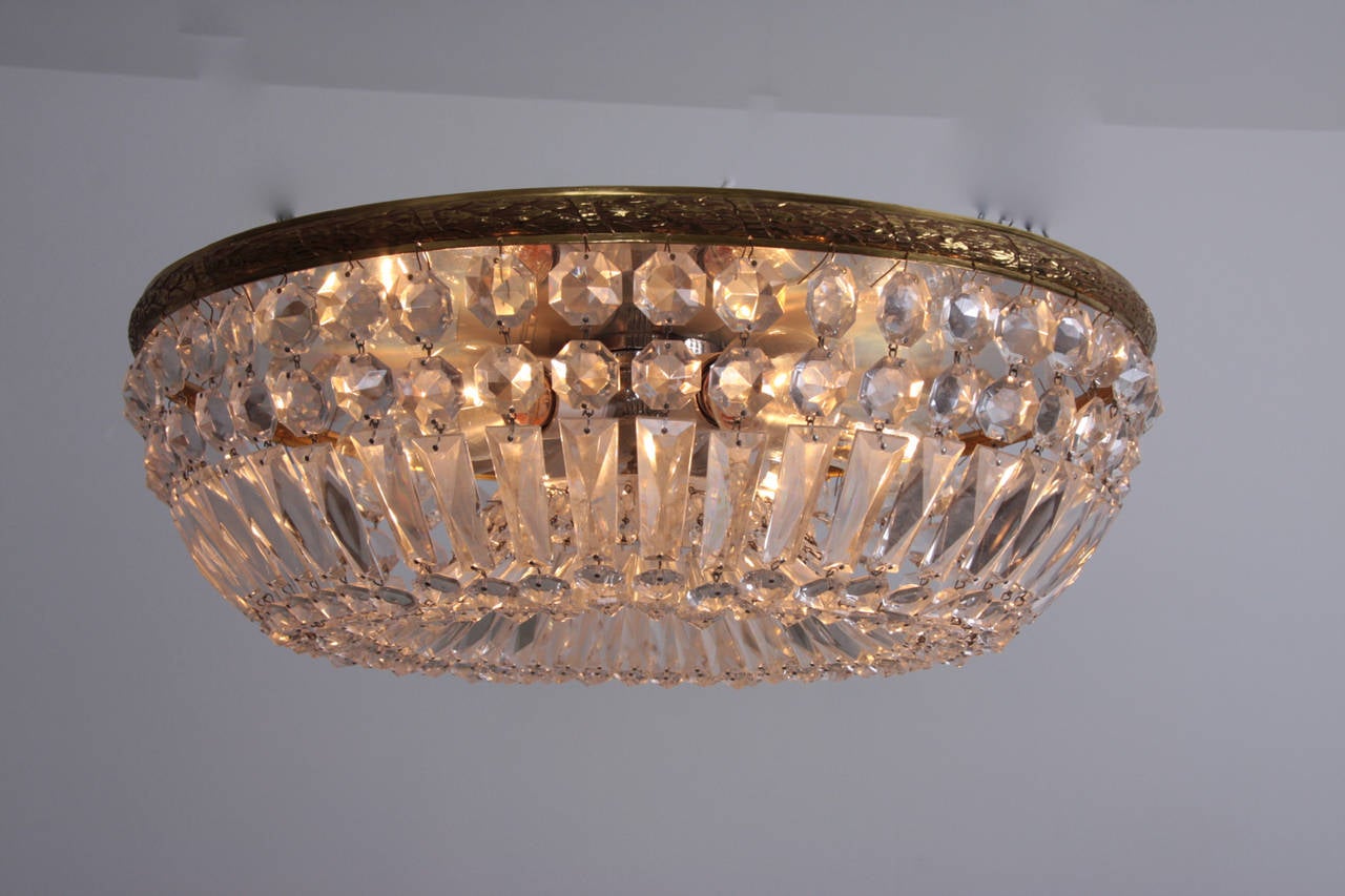 Very Large Crystal Glass and Brass Ceiling Mount Fixture or Flush Lamp by Palwa 1