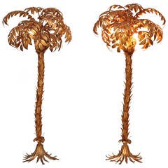 Paire d'énormes lampadaires palmiers en métal doré par Hans Kögl