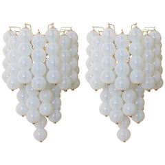 Pair of Huge Opaline Murano Balls and Brass Sconces Wall Lights for Mazzega