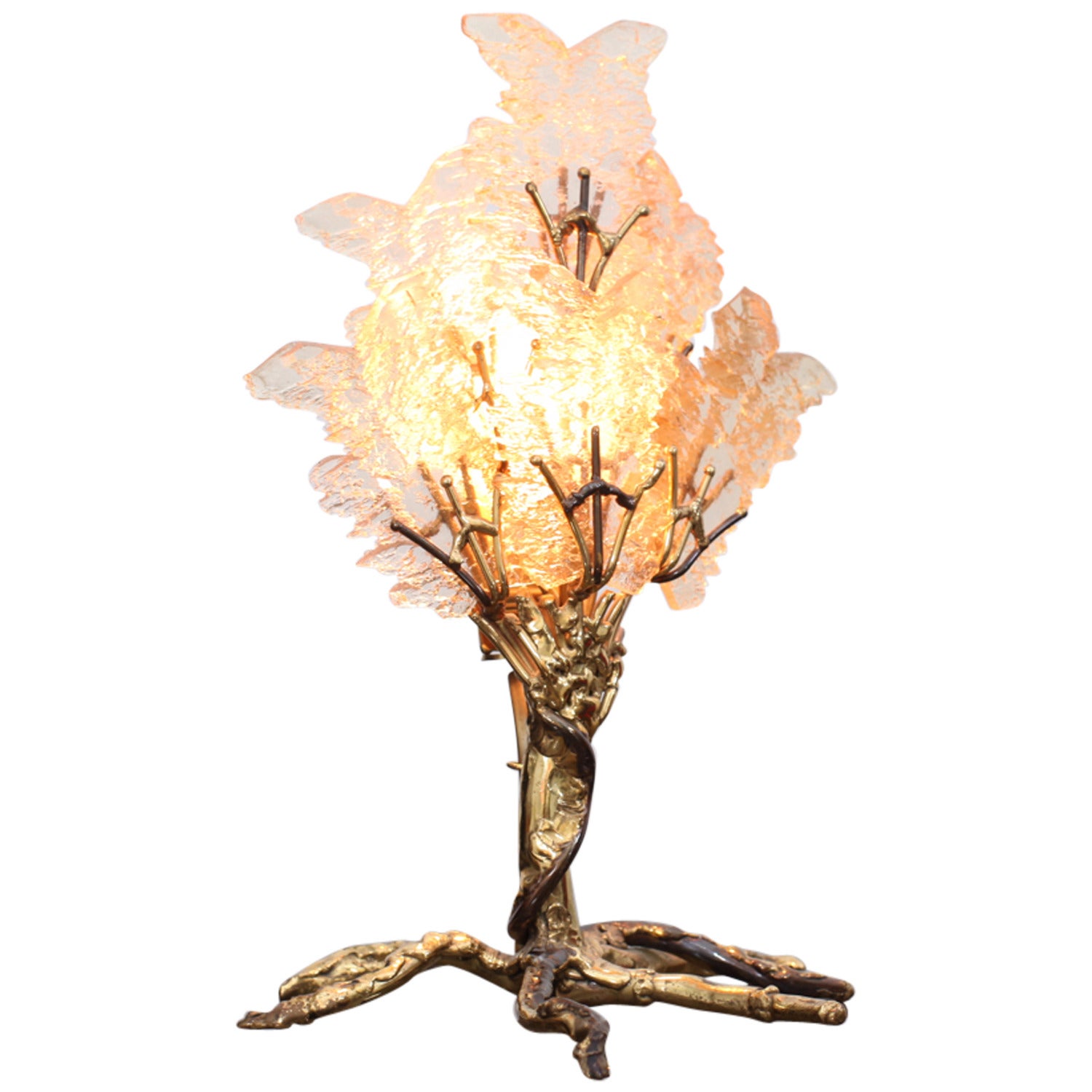Magnifique lampe de bureau en forme d'arbre en laiton unique par Henri Fernandez