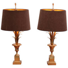 Pair of Maison Charles Table Lamps, Complete Brass with shades 11