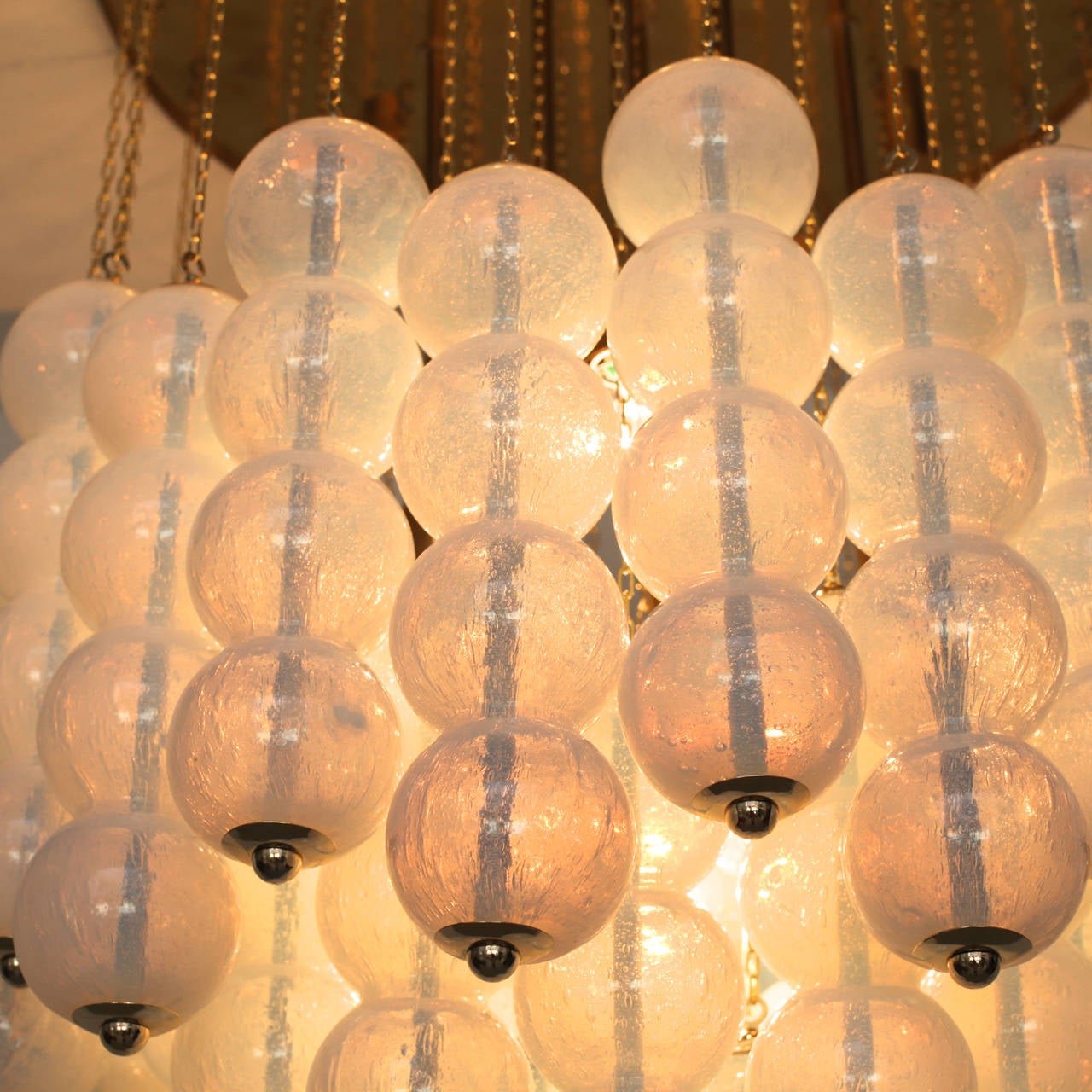 Mid-Century Modern Very Huge Opaline Murano Glass Balls and Brass Chandelier by Zero Quattro Milan